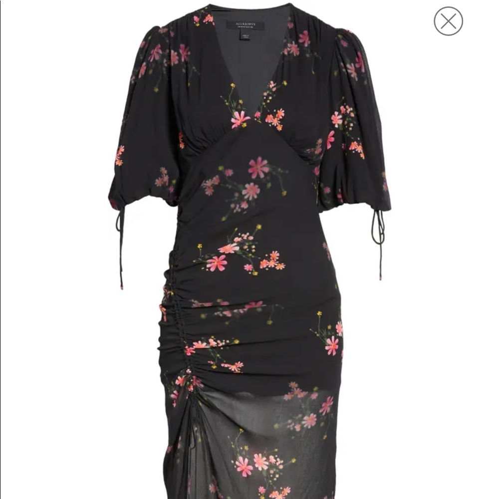 New ALLSAINTS Just Released Safiya Solanio Floral Print Ruched Puff Sleeve Dress